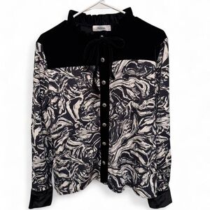 Pascal Black and White Button-Up Blouse with Tie Neck and Velvet accents